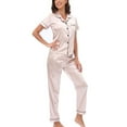 thumbnail image 3 of SWSMCLT Women's Satin Pajamas 2 Piece Pjs Summer Fall Button Pajama Set Soft Short Sleeve Pant Silky Lightweight Cool Spring Golden Large, 3 of 5