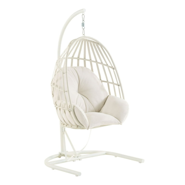Mainstays Wicker Outdoor Patio Hanging Egg Chair with Cushion and Metal Stand White 250 lbs Maximum Weight