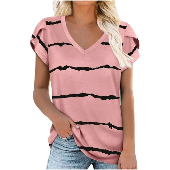 Summer Tops for Women Casual Petal Short Sleeve Tshirts Floral Printed Round Neck Tshirts Loose Comfy Tee for Vacation
