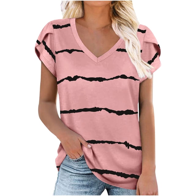 Camiseta de manga corta con cuello en V y estampado para mujer, camisetas holgadas informales de verano Pompotops hkajfhjk465781