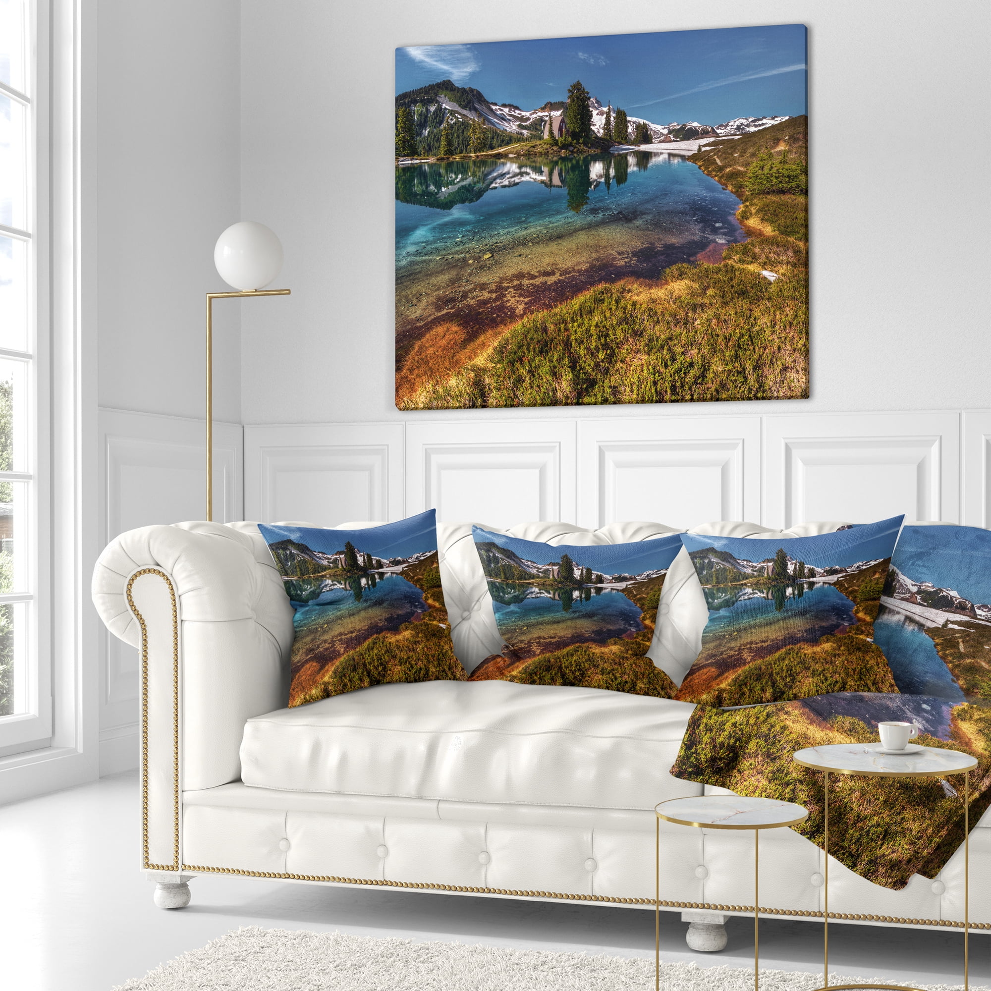 Designart Curving Mountain Lake Shore - Landscape Printed Throw Pillow - 18x18