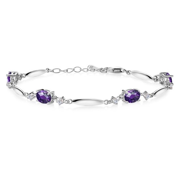 Gem Stone King 925 Sterling Silver Purple Amethyst and White Moissanite Tennis Bracelet for Women | 3.30 Cttw | Gemstone February Birthstone | Oval Checkerboard 7X5MM | 6 inch 1 inch Extender