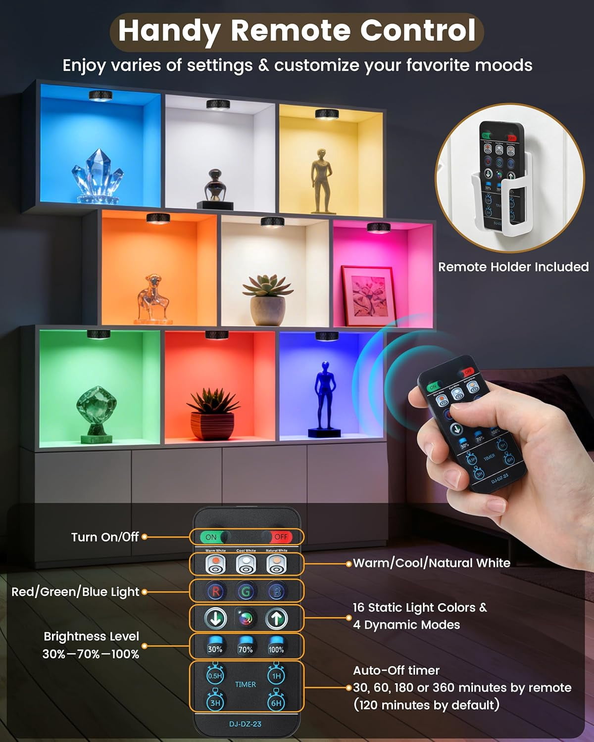 Puck Lights with Remote Control Battery Operated Wireless LED Under Cabinet Lighting Warm White & RGB Color Changing Stick on Tap Push Light for Kitchen Counter Shelf Closet 6 Pack Black