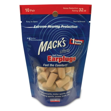 Mack's Ultra Soft Foam Earplugs, 10 Pair Bag - 32dB NRR, Comfortable Ear Plugs for Sleeping, Snoring, Travel, Concerts, Studying and Loud Noise | Made in USA