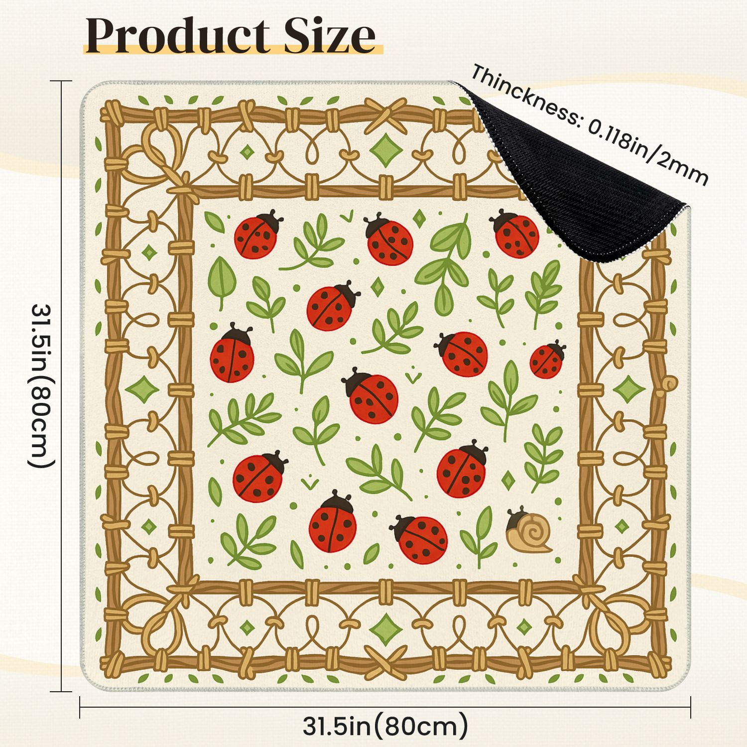 Mahjong Mat 31.5" x 31.5" Red Ladybugs Green Leaves Playful Nature Anti-Slip and Noise Reduction Symmetry Design Mahjong Tiles Table Cover for Dominoes Poker Card Board and Tile Games