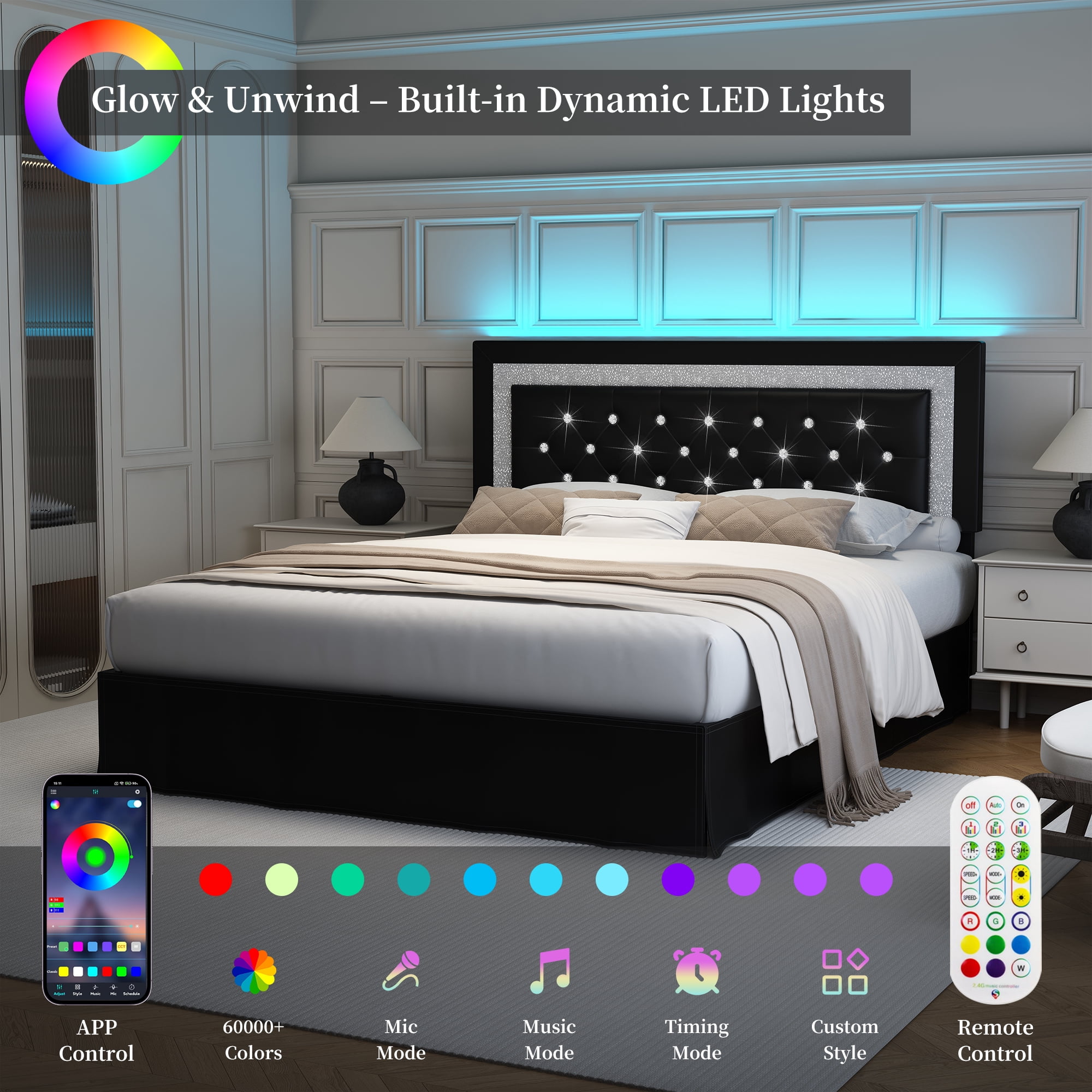 SIBEDS Queen Upholstered Bed Frame with Adjustable Headboard and LED Lights, Black PU Tufted Diamond Button, No Box Spring Needed, Noise Free