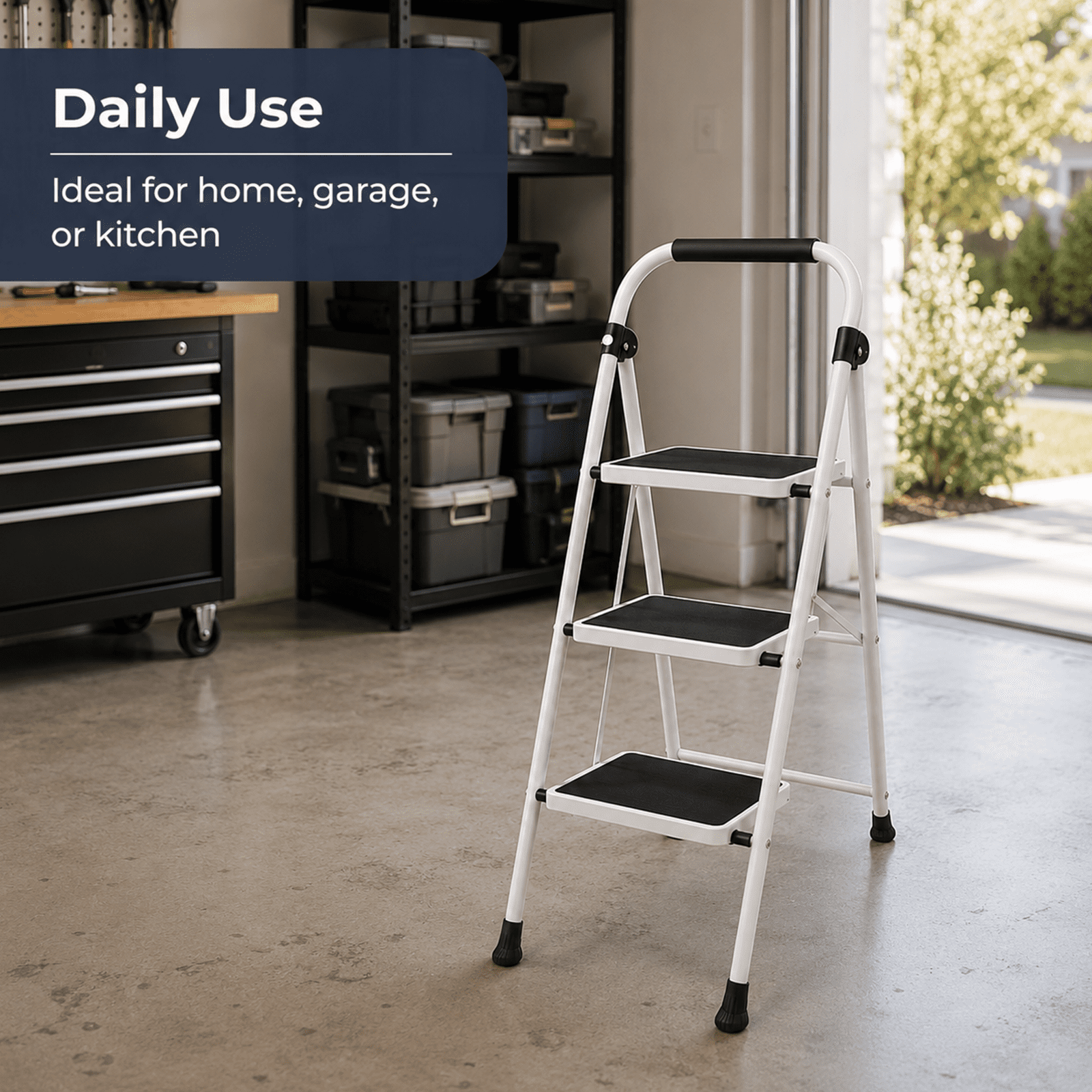Alvantor 2/3-Layer Steel Step Ladder with Handrail and Wide Anti-Slip Pedals, Space-Saving, Portable for Home and Office Use