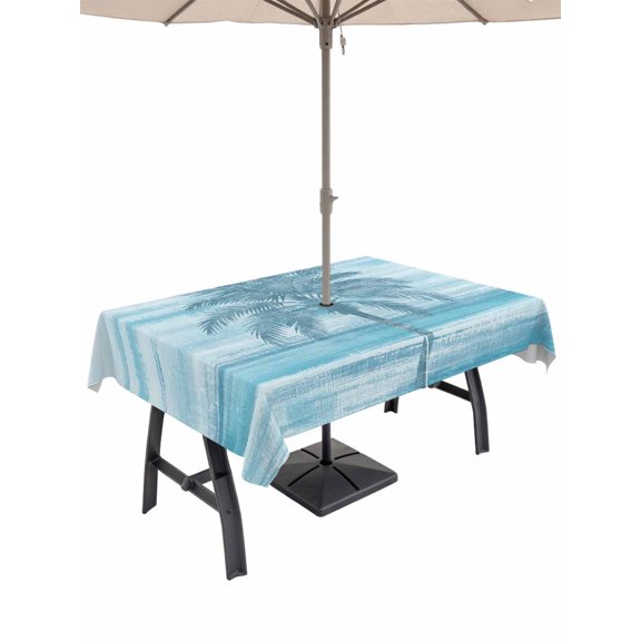 Outdoor Tablecloth with Umbrella Hole for Patio/Picnic/Party/Camping, Blue Palm Tree Waterproof Table Cloth Rectangle Table Cover Washable, Coastal Tropical Trees Vintage Summer (60"x 120")