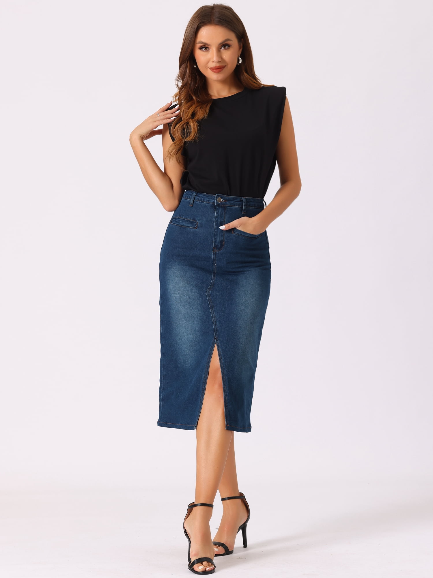DARING DIVA Women's Slit Front Washed Jean Midi Skirts with Pockets XL Dark Blue