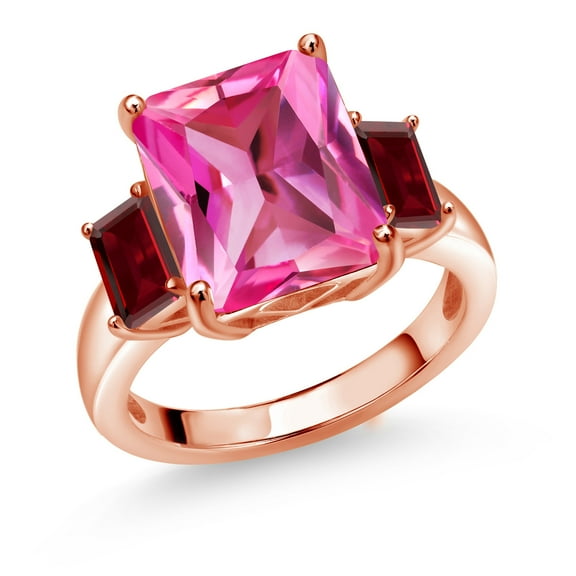 Gem Stone King 8.20 Ct Octagon Pink Created Sapphire Red Garnet 18K Rose Gold Plated Silver 3-Stone Ring (Size 9)