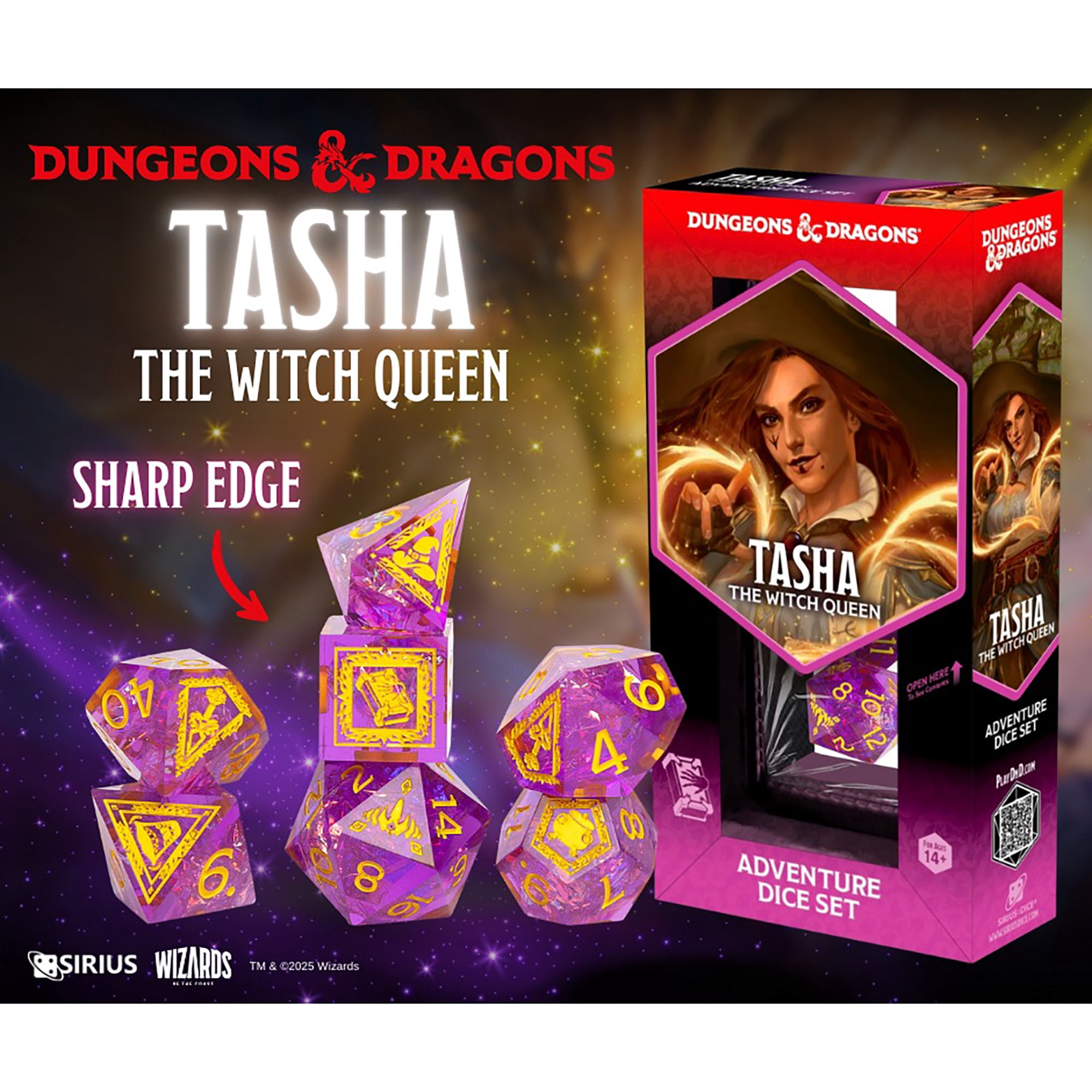 Dungeons & Dragons: D&D Adventure Dice: Tasha the Witch Queen – 7pc Purple & Yellow, RPG Character Die Set, Sharp-Edged, Collectible, Sirius Dice