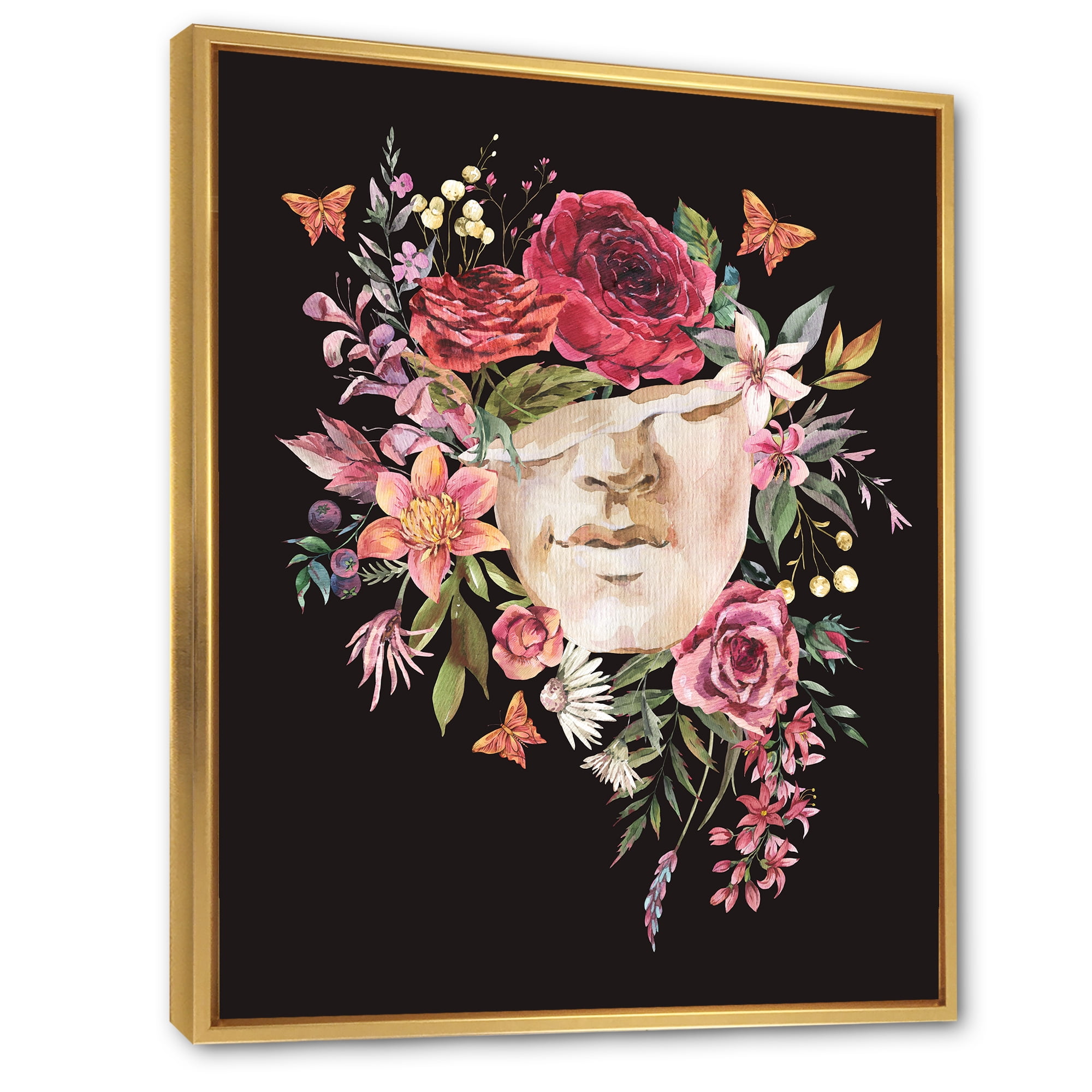 Designart 'Ancient Greek Sculpture Detail With Dry Flowers' Traditional Framed Canvas Wall Art Print