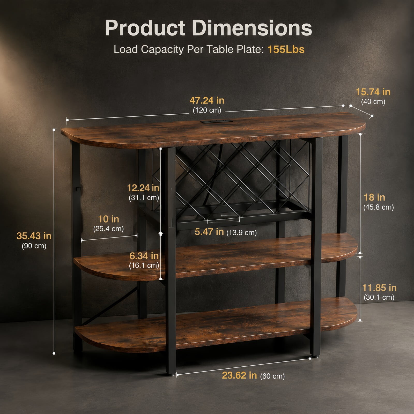 Kelno 47" Home Bar Cabinet with Power Outlet RGB LED Lights 4-Tier Liquor Cabinet with Wine Rack Glass Holder, Rust