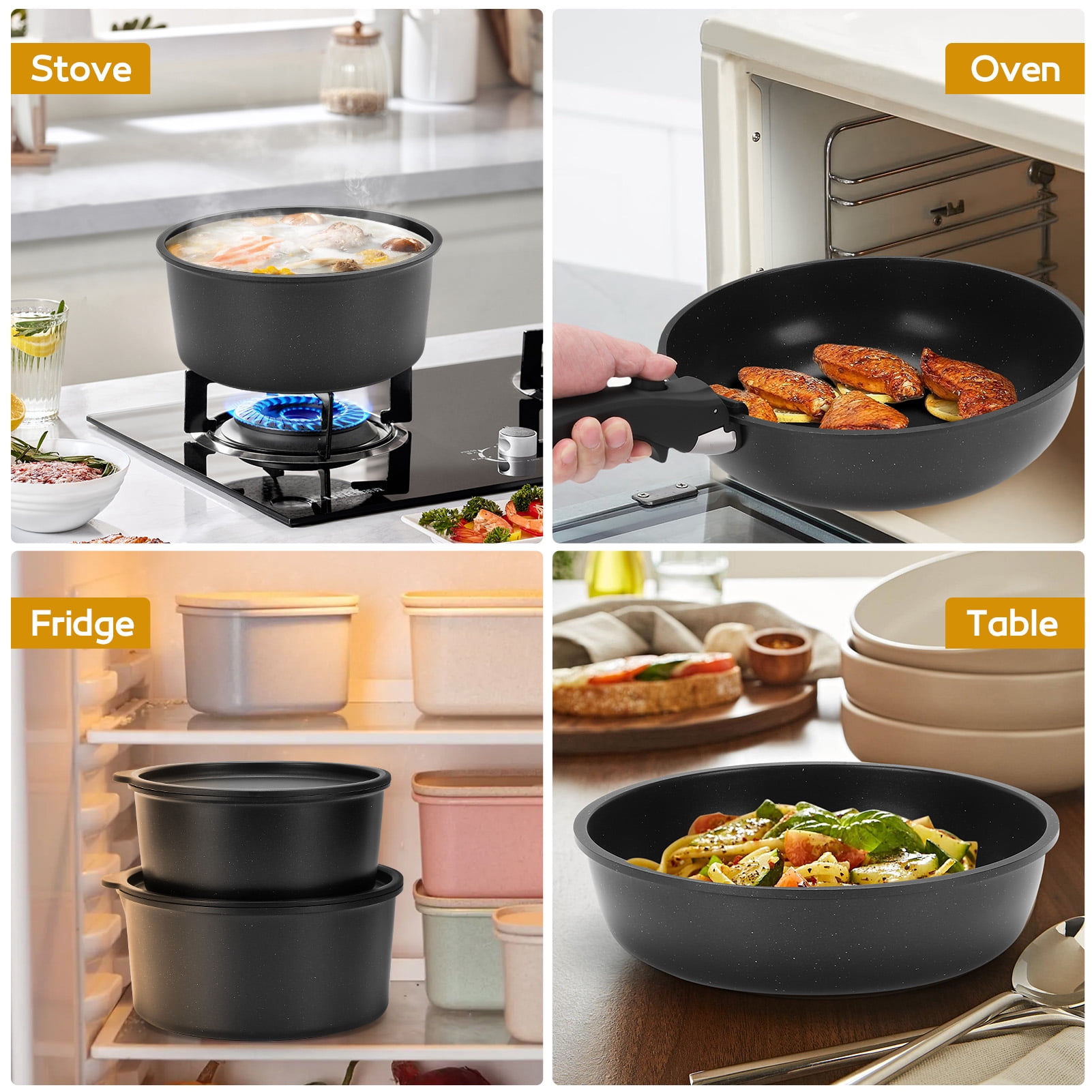 20 Piece Ceramic Pots and Pans Set Non Stick, Cookware Set with Detachable Handles, Oven Safe, Induction Ready, Stackable RV Kitchen Cooking Set, Black