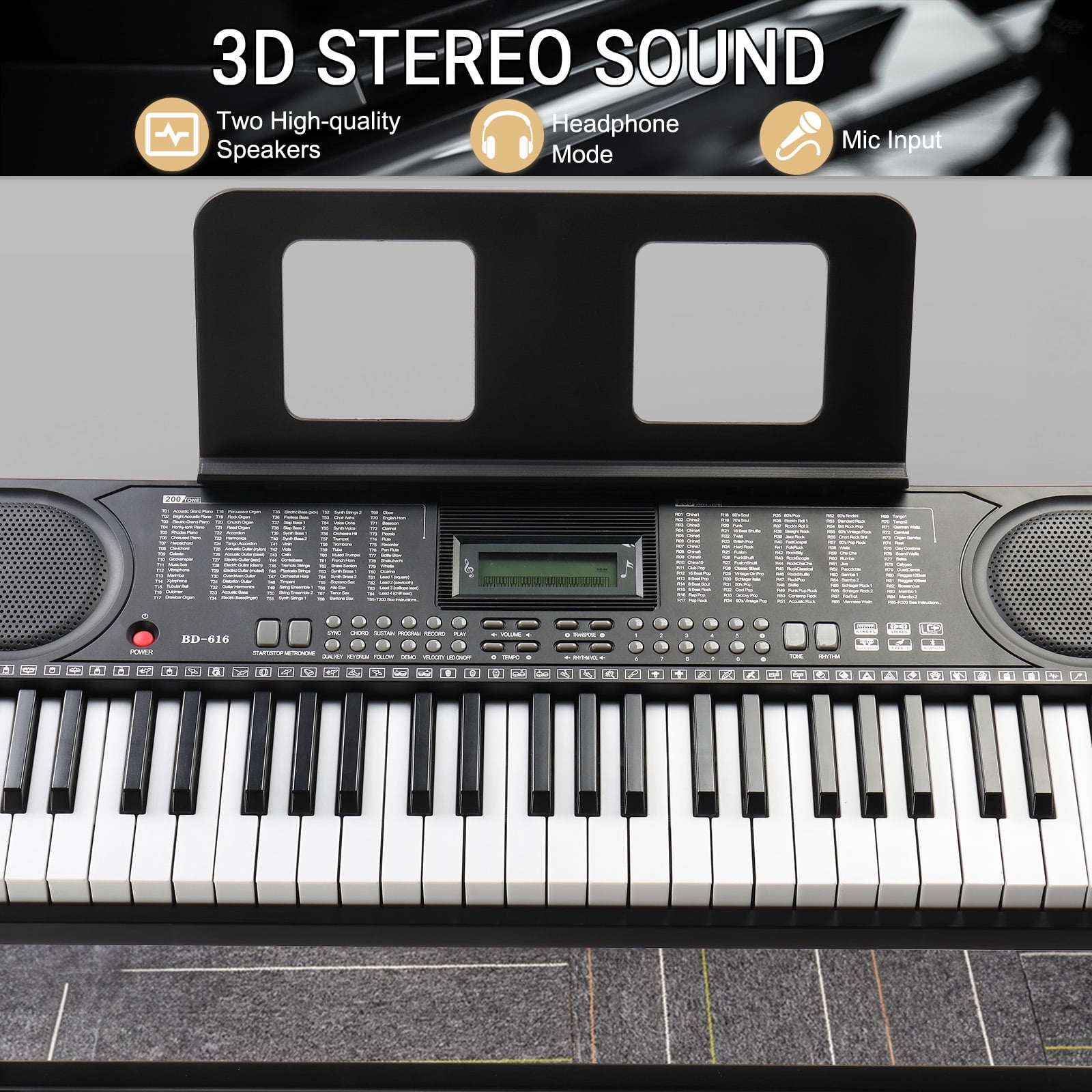 Ktaxon 61 Keys  Keyboard Piano with Lighted Keys, Stand, Piano Bench, Black
