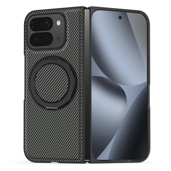 Dteck Magnetic Rotating Ring Holder Stand Case for Google Pixel 10 Pro Fold, Shockproof Carbon Fiber Pattern PU Leather Compatible with Mag Safe Accessory Hard PC Cover, Gray