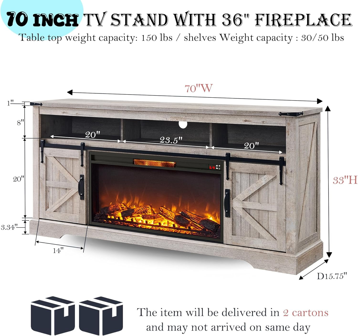OKD Farmhouse Fireplace TV Stand for 80" TV, Highboy Entertainment Center with 36" Electric Fireplace, Media Console with Sliding Barn Door for Living Room, Light Rustic Oak