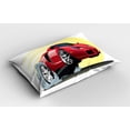 thumbnail image 2 of Cars Pillow Sham Set of 2, Powerful Cartoon Red Car Speeding Jumping with Smoke Coming out of Giant Tires, Quality Microfiber Bedding Item for All Seasons, 26" x 20", Red Yellow Grey, by Ambesonne, 2 of 3