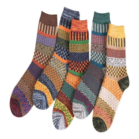

5 Pairs Autumn Winter Nordic Socks Thick Knitted Two-Way Colorful Patten Crew Socks Men Women Thickened Wool Socks