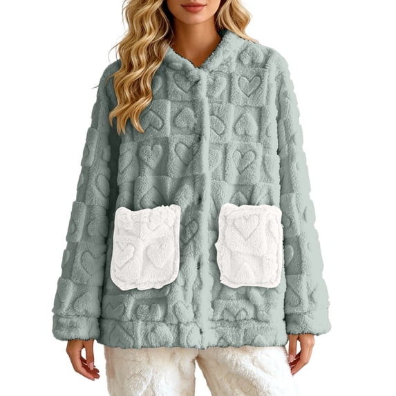 APEXFWDT Women’s Fleece Bed Jacket Button Down Color Block House Coat Sleeping Bed Jackets with Pockets