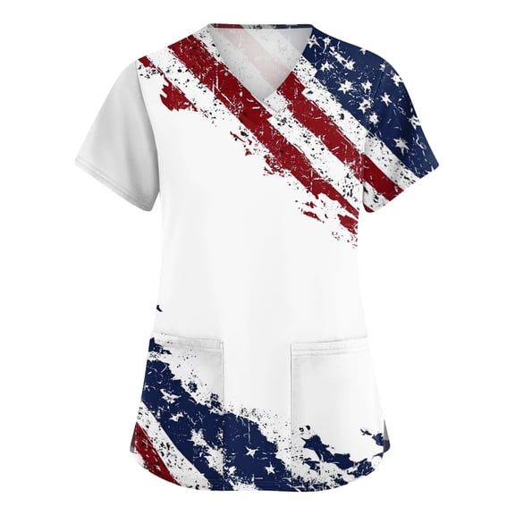 4th of July Womens Scrub Tops Casual Short Sleeve American Flag Print Scrub Shirts V Neck Independence Day Celebration Party Scrubs Nursing Uniform Medical Nurse Workwear with Pockets Multicolor 5XL