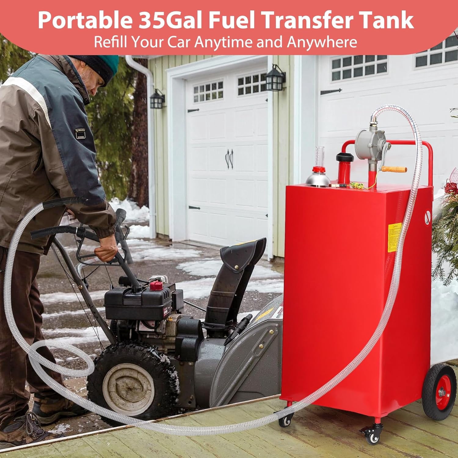 M optimized 35 Gallon Fuel Caddy, Fuel Tank with Manual Transfer Pump for Gasoline & Diesel, Durable 4-Wheel Design, Mobile Fuel Storage for Cars, Trucks, Boats, Lawn Mowers