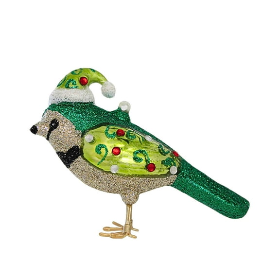 Kat Annie Glittered Holiday Bird - One Ornament 3.25 Inch, Glass - Gems Santa Hat 84630