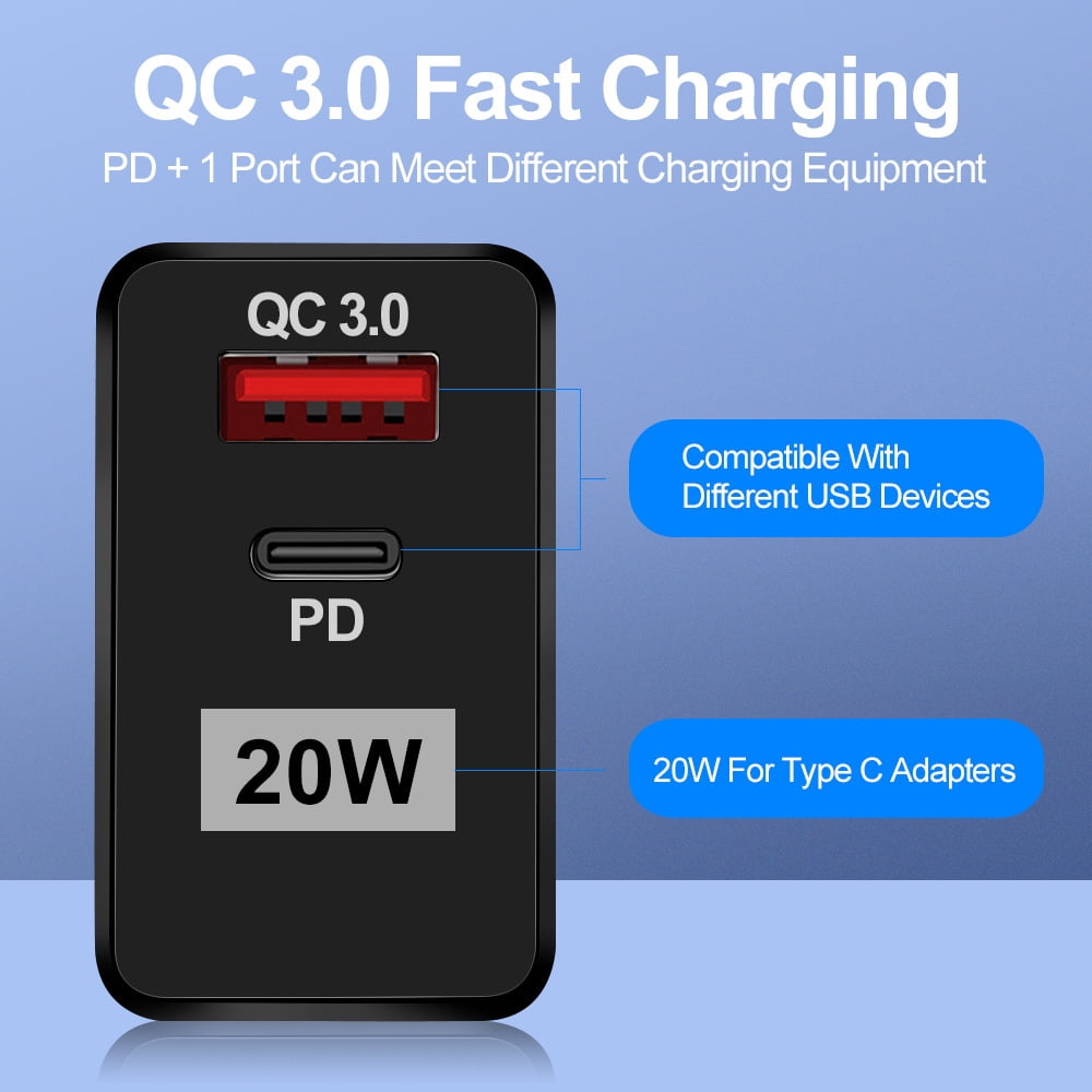5-Pack 20W USB-C Fast Charger, Dual Port PD Type-C Charging Adapter Plug for iPhone 14/13/12/11 /Pro Max, XS/XR/X, iPad Pro, AirPods Pro, Samsung Galaxy S23/S22/S21/S20 Ultra, Plus, Universal, Black