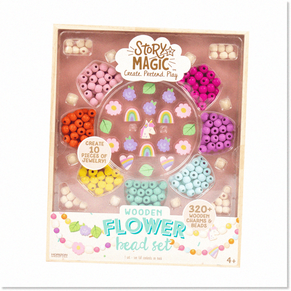 Whimsical Flower Bracelet Kit with 300+ Large Hole Wood Beads - Beading Bracelets Set with Storage Tray - Ideal for Ages 4+