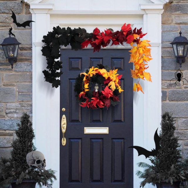 1 pieza de ratán para colgar en la pared de Halloween, decoración de hoja de arce negra, 1 pieza larga, flexible, para interior y exterior, 160 cm Yulucky