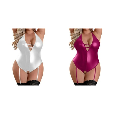 (2-Pack) Kcodviy for Women Plus Plus Size Silk for Women 3X Sizr Leather Teddy Bodysuit Pregnancy Christmas Cutout V Neck Lace Up Conjoined with Thong S