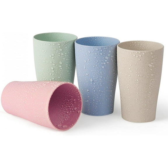 Reusable Plastic Cup, Unbreakable Drinking Glasses 16 OZ, Reusable Cups for Kids, Wheat Straw Cups Tumbler BPA Free Drinking Cup, Sets 4 Multicorlor, Dishwasher Safe