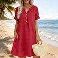 thumbnail image 5 of Ecqkame Summer Dresses for Women Cotton Linen V Neck Short Sleeve Buttons Dress Casual Loose Beach Vacation Dress with Pockets Red XXXXL, 5 of 6