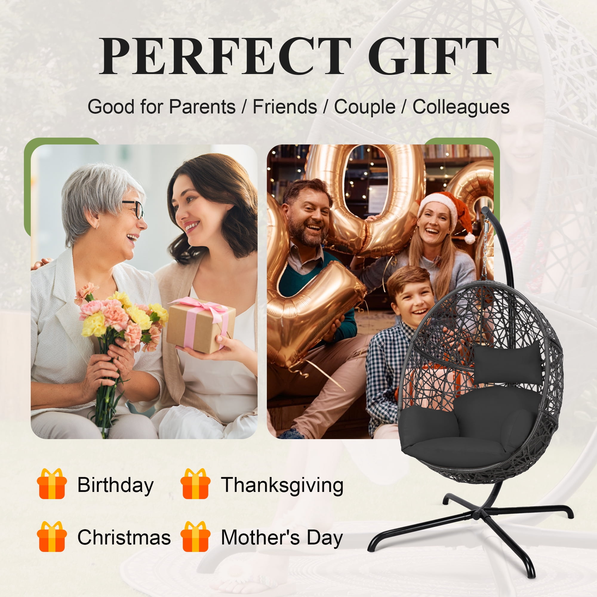 Swing Egg Chair Bird Nest Cage Chair with Stand Comfortable Cushion Indoor Outdoor Rattan Design with Sturdy Metal Frame Water/UV-Resistant 450lbs Capacity Dark Gray