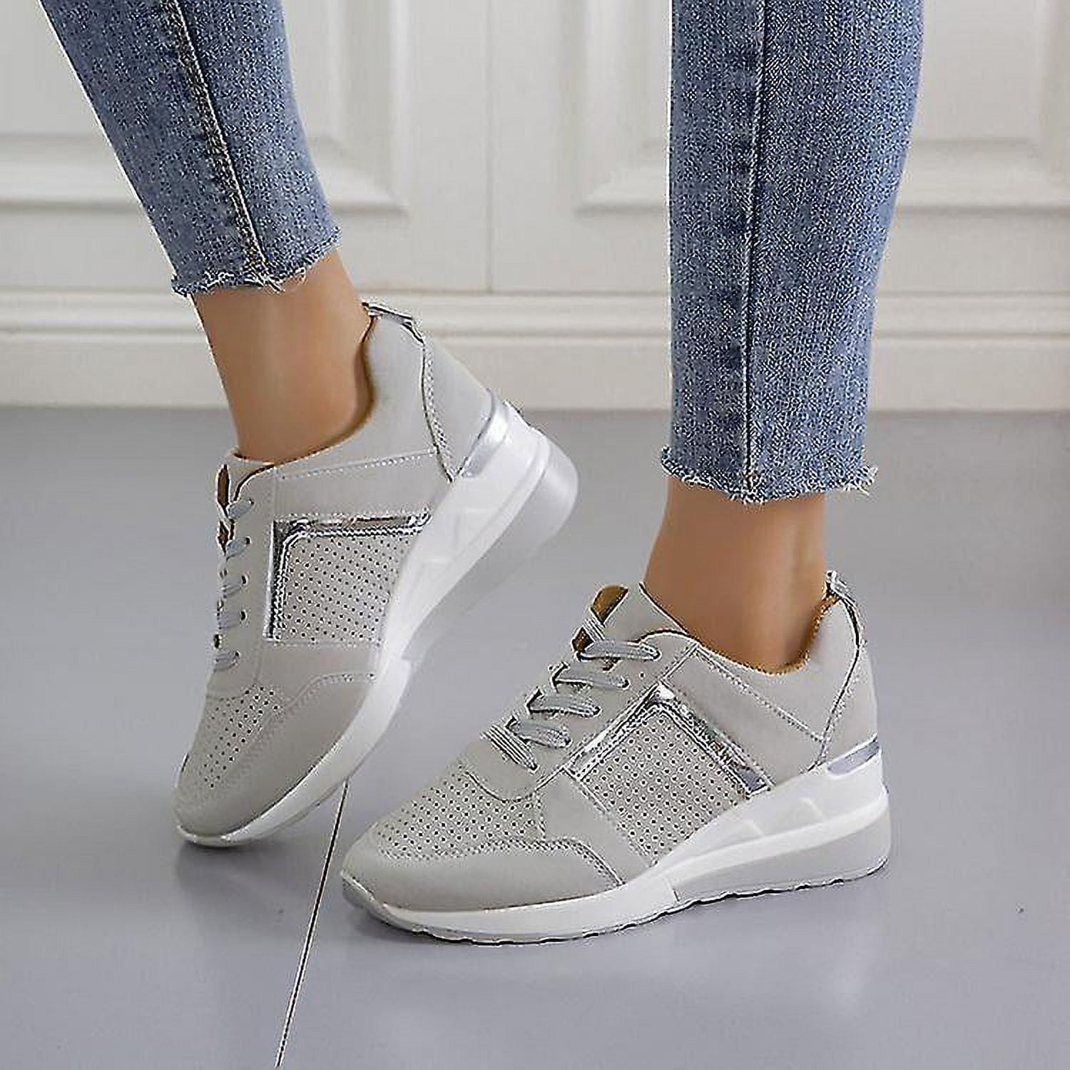 CY01 Y1481 Lace up Wedge Sports Sneakers Women s Vulcanized Casual Comfy Shoes 36 grey Christmas Gift Walmart