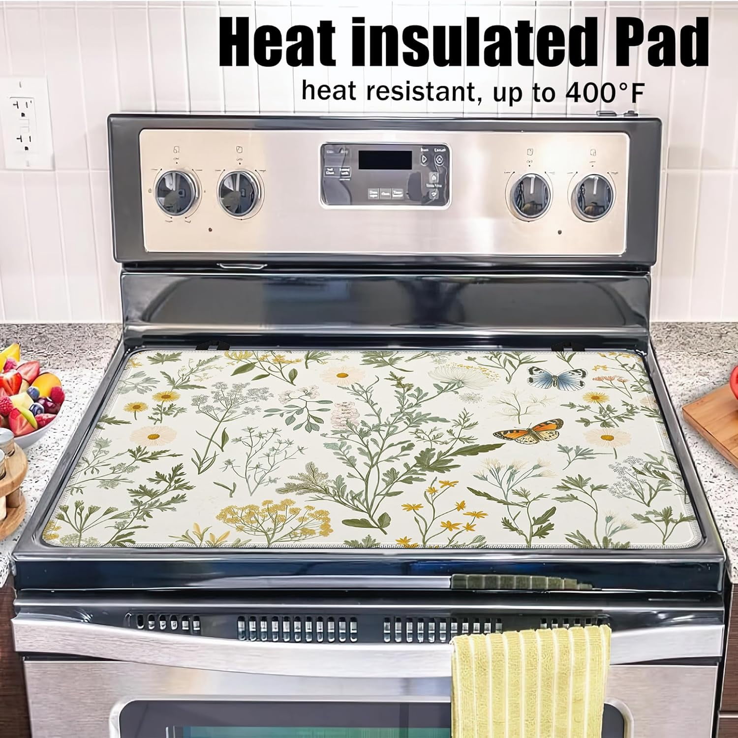 Spring Floral Glass Top Stove Cover Protector,Rustic Wild Flower Heat Resistant Stove Top Cover, Large Size Range Covers for Electric Stove Countertop Mat, 28 x 20 Inch