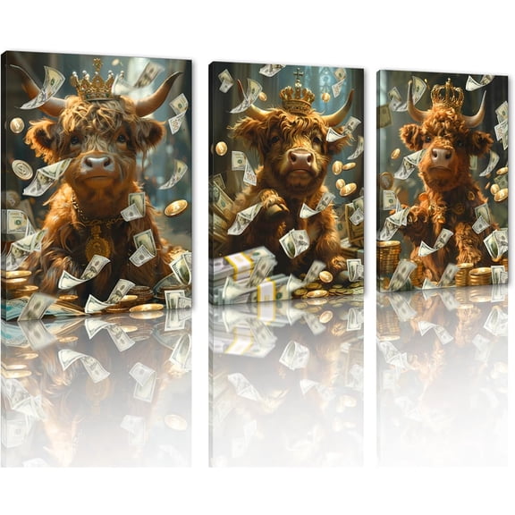 Funny Animal Wall Art Set Highland Cow Baby Canvas PrintDollars Painting Picture Money Abstract Wall Decor for Living Room Bedroom Kitchen Office Wall Decoration（Only canvas）