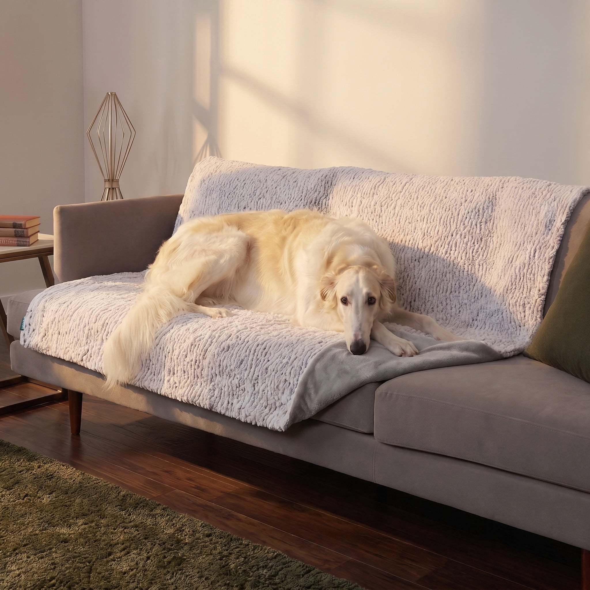 FurHaven Waterproof Dog Blanket – Birch Faux Fur & Suede Calming Throw for Pets, Washable – Gray, XL