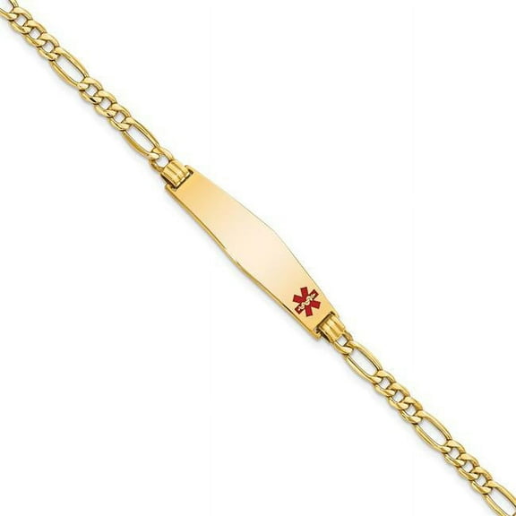 Primal Gold 14 Karat Yellow Gold Semi-Solid Medical Soft Diamond Shape Red Enamel Figaro ID Bracelet