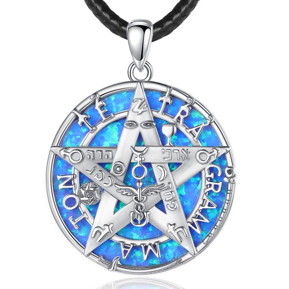 EUDORA Tetragrammaton Amuleto de Proteccion Tetragrammaton Blue Opal Necklace for Mens, Pentagram Jewelry Pentacle God Name Amulet Spiritual Gifts for Women, 24" Cord