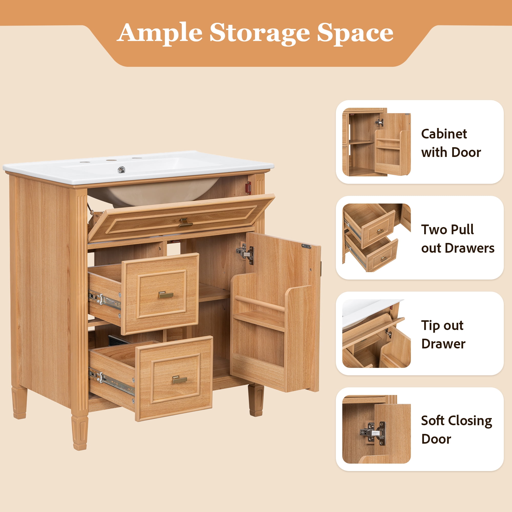 30-Inch Bathroom Vanity with Ceramic Sink and Flip Drawer, Solid Wood Cabinet with Adjustable Shelf for Bathroom, Natural