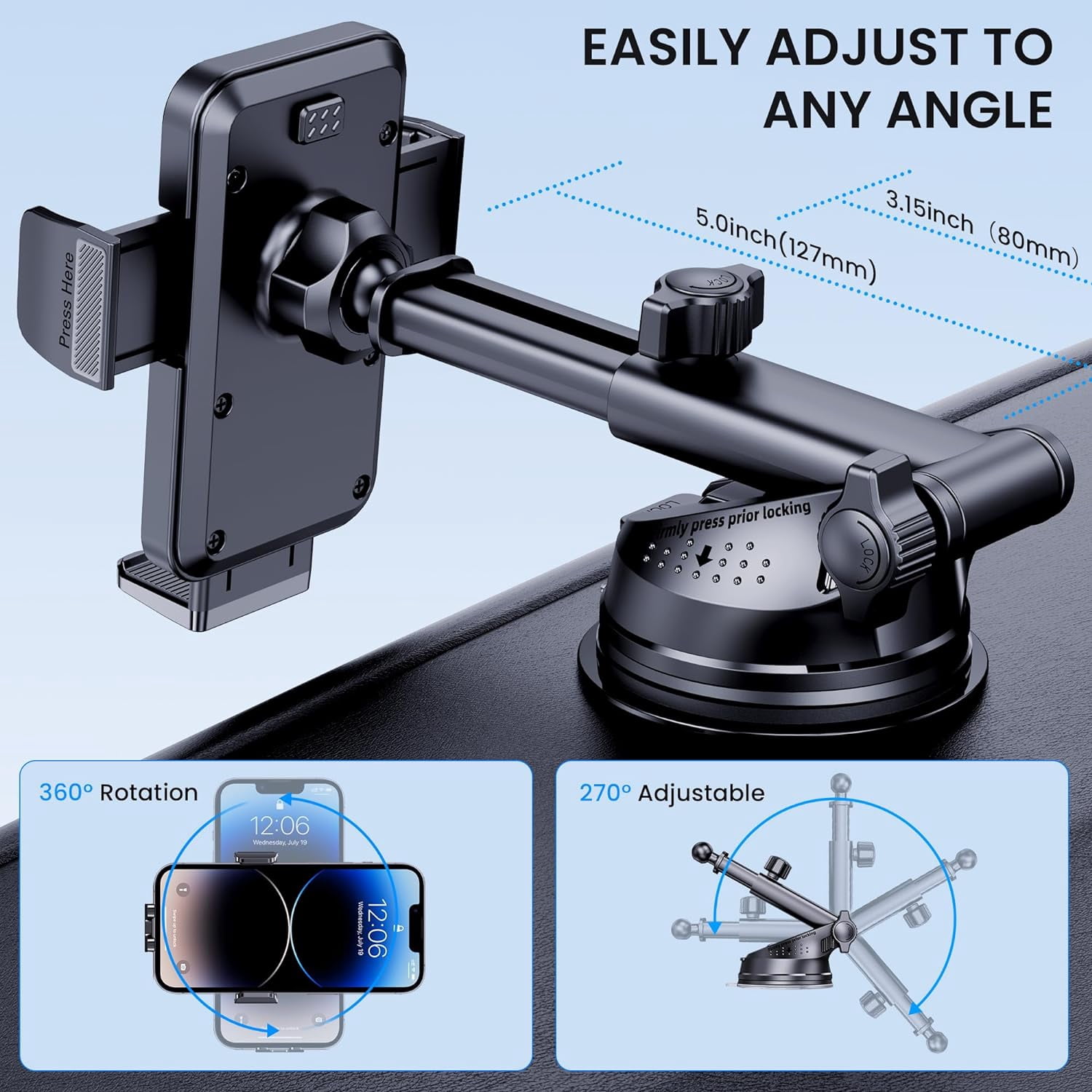 Phone Holder Car [Military-Grade Suction] Universal Car Phone Holder [Thick Case Friendly] Automobile Accessories Dashboard Air Vent Windshield Phone Mount Fit for iPhone Android Smartphones