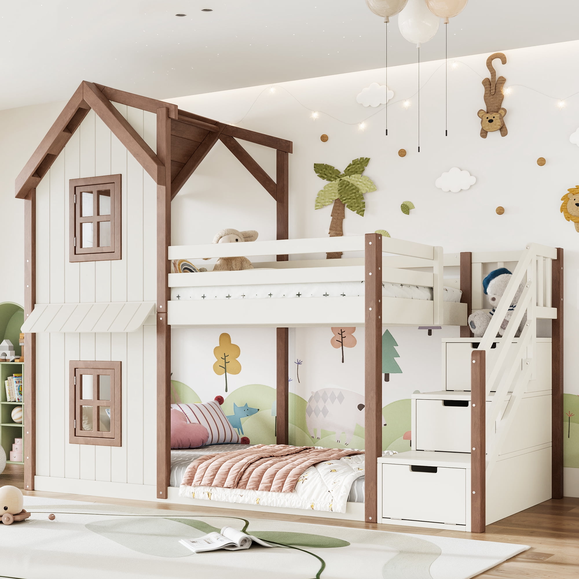 Leumius Twin over Twin House Bunk Bed with Storage Stairs, Kids Playhouse Bunk Bed with Roof and Windows, Solid Wood Bed Frame with Multifunctional Lower Space, Beige & Natural