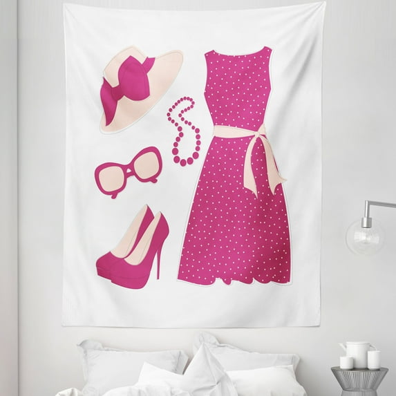Fashion Tapestry, Pastel Colored Dress Hat with a Ribbon High Heels and Necklace Woman Clothing, Fabric Wall Hanging Decor for Bedroom Living Room Dorm, 5 Sizes, Pale Peach Pink, by Ambesonne