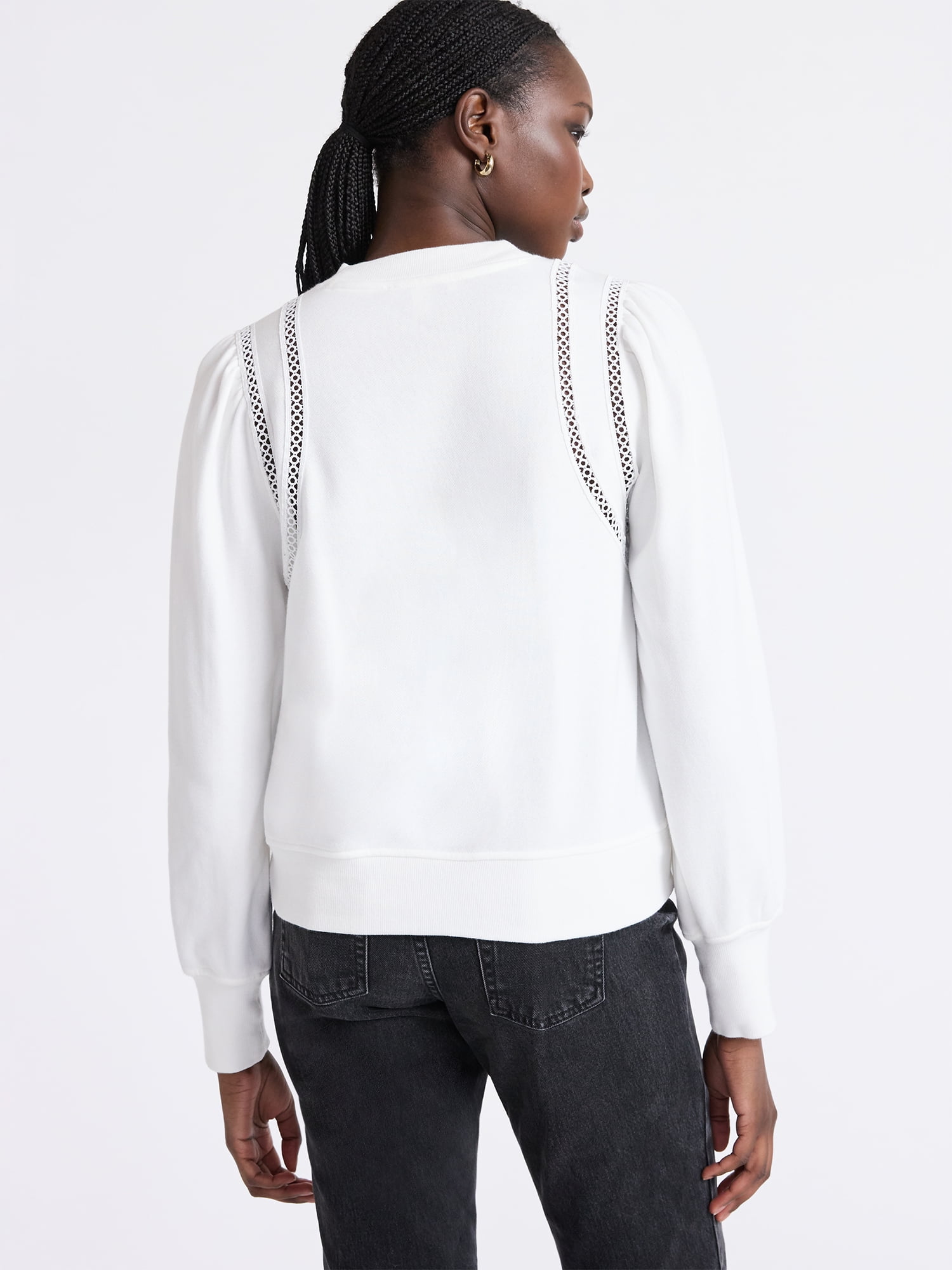 Free Assembly Women's French Terry Sweatshirt with Lace Inset and Long Puff Sleeves, Sizes XS-XXL