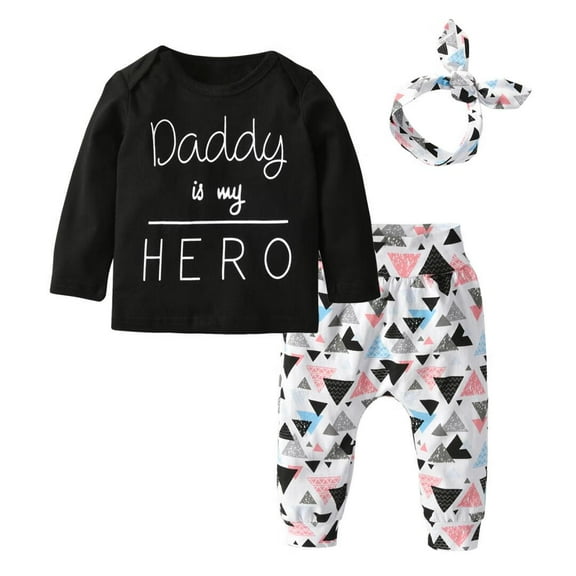 Newborn Baby Girl Clothes Long Sleeve Letter Tops Printed Pants and Headband Outfit Set Black 0-3 Months