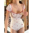 thumbnail image 2 of Women One-Piece Swimsuits Tummy Control Bathing Suit Short Sleeve Backless Cherry Print Bikini Sets Summer Sweetheart Neck Tie Beachwear Swimming Swimwear, 2 of 10