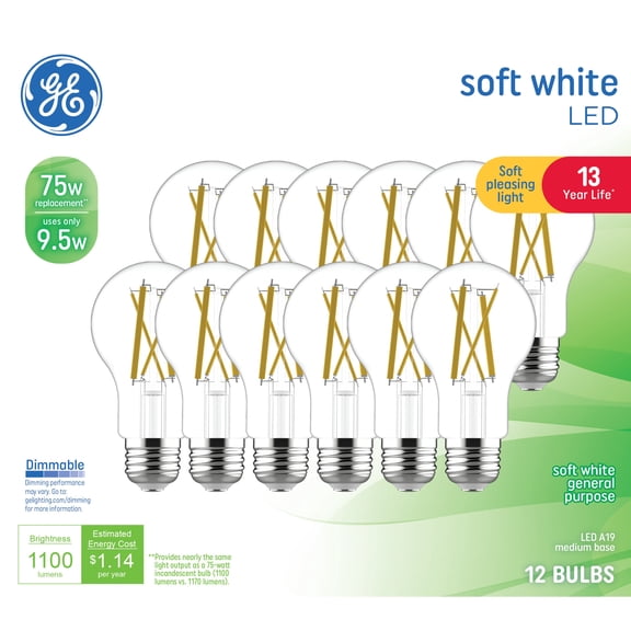 GE General Purpose Bulbs A19 LED Light Bulbs, 75 Watt Replacement, Soft White (12 Pack)