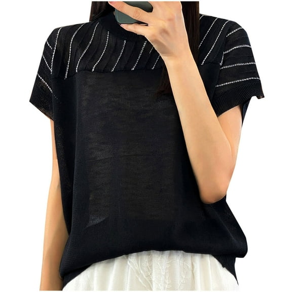 QUNYINEY Short Sleeve Tops for Women Solid Pullover Crew Neck Casual Shirts Loose Ribbed Knit Shirts for Women Trendy