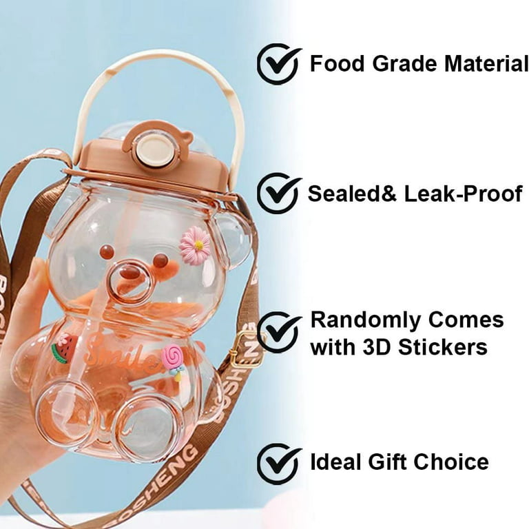 RAMAHP Kawaii Frog Straw Bottle, Frog Water Bottle with Adjustable Shoulder Strap Cute Stickers, Portable Drinking Cup for Girls Boys School Office